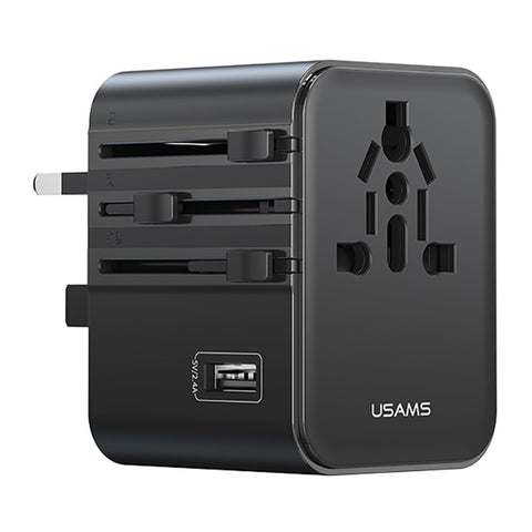 USAMS CC308 T68 17W Travel Adapter Dual Type-C + USB-A Multi-Country Converter 2500W Wall Charger