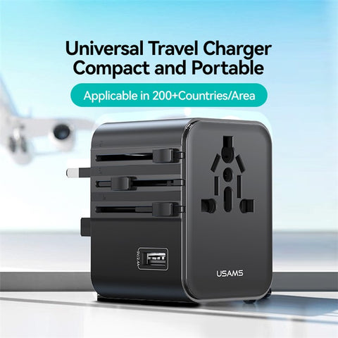 USAMS CC308 T68 17W Travel Adapter Dual Type-C + USB-A Multi-Country Converter 2500W Wall Charger