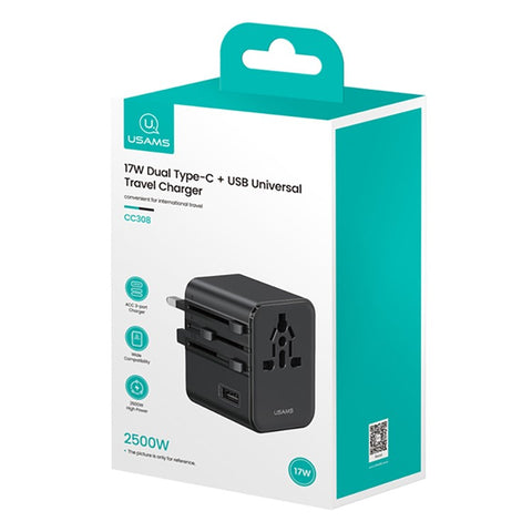 USAMS CC308 T68 17W Travel Adapter Dual Type-C + USB-A Multi-Country Converter 2500W Wall Charger
