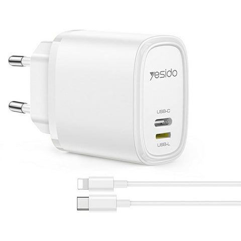 YESIDO YC90 Dual Port Travel Charger USB-C + USB-L 12W Fast Charger with 1m Cable for Iphone / Android