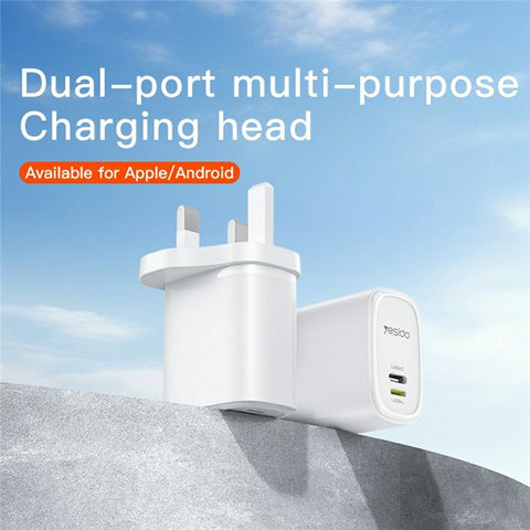 YESIDO YC90 Dual Port Travel Charger USB-C + USB-L 12W Fast Charger with 1m Cable for Iphone / Android