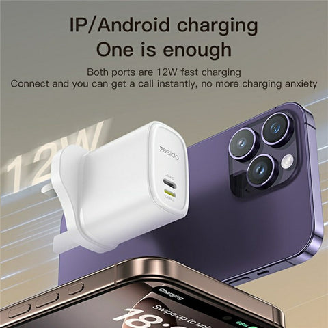 YESIDO YC90 Dual Port Travel Charger USB-C + USB-L 12W Fast Charger with 1m Cable for Iphone / Android