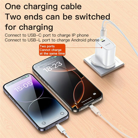 YESIDO YC90 Dual Port Travel Charger USB-C + USB-L 12W Fast Charger with 1m Cable for Iphone / Android