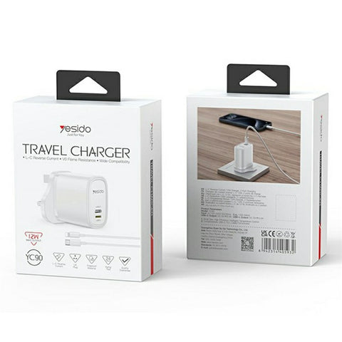 YESIDO YC90 Dual Port Travel Charger USB-C + USB-L 12W Fast Charger with 1m Cable for Iphone / Android