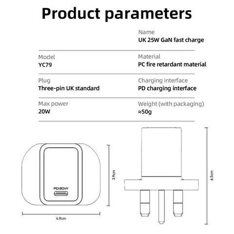 YESIDO YC79 Single USB-C Port GaN Charger PD 20W Fast Charging Wall Charger, UK Plug for Smartphone  /  Tablet