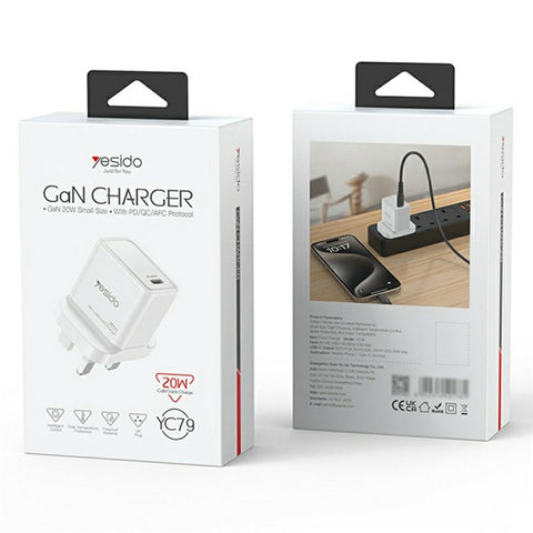 YESIDO YC79 Single USB-C Port GaN Charger PD 20W Fast Charging Wall Charger, UK Plug for Smartphone  /  Tablet