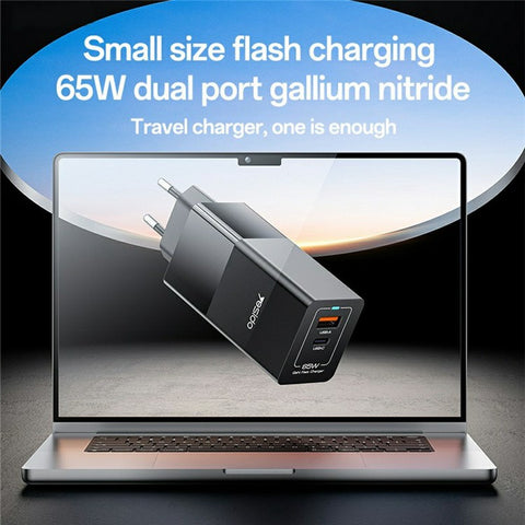 YESIDO YC73 USB-C  /  USB-A Dual Port Charger GaN 65W Fast Charging Power Adapter for Phone  /  Tablet