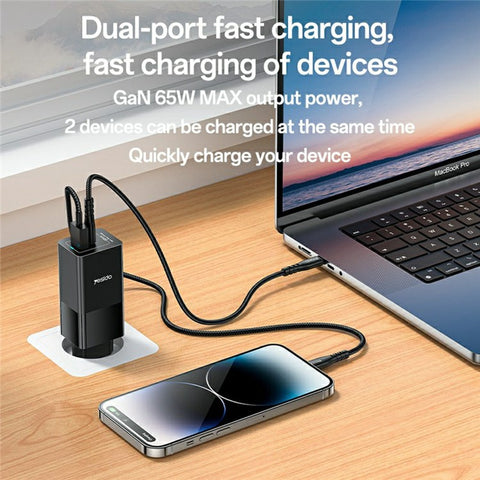 YESIDO YC73 USB-C  /  USB-A Dual Port Charger GaN 65W Fast Charging Power Adapter for Phone  /  Tablet