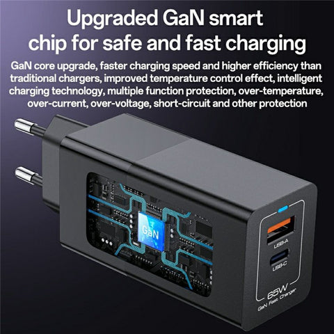 YESIDO YC73 USB-C  /  USB-A Dual Port Charger GaN 65W Fast Charging Power Adapter for Phone  /  Tablet