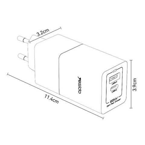 YESIDO YC73 USB-C  /  USB-A Dual Port Charger GaN 65W Fast Charging Power Adapter for Phone  /  Tablet