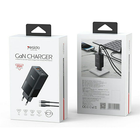 YESIDO YC73 USB-C  /  USB-A Dual Port Charger GaN 65W Fast Charging Power Adapter for Phone  /  Tablet