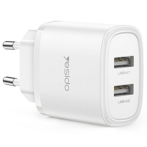 YESIDO YC72 USB-A Dual Port Charger 12W Fast Charging Travel Wall Charger Adapter