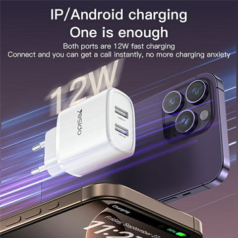 YESIDO YC72 USB-A Dual Port Charger 12W Fast Charging Travel Wall Charger Adapter
