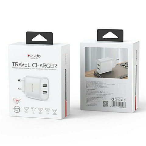 YESIDO YC72 USB-A Dual Port Charger 12W Fast Charging Travel Wall Charger Adapter