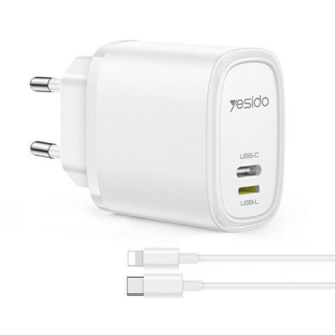 YESIDO YC71 USB-C+USB-L Dual Port Charger 12W Fast Charging Wall Charger Adapter