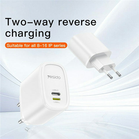 YESIDO YC71 USB-C+USB-L Dual Port Charger 12W Fast Charging Wall Charger Adapter