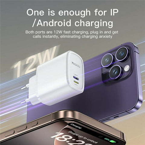 YESIDO YC71 USB-C+USB-L Dual Port Charger 12W Fast Charging Wall Charger Adapter