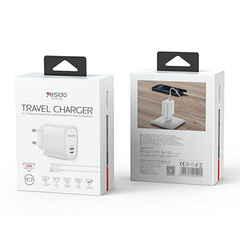 YESIDO YC71 USB-C+USB-L Dual Port Charger 12W Fast Charging Wall Charger Adapter