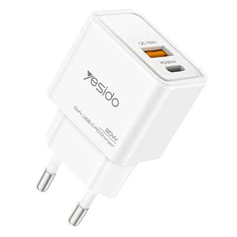 YESIDO YC61 GaN Travel Charger USB-C / USB-A Dual Port PD 20W QC 18W Fast Charging Adapter