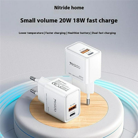 YESIDO YC61 GaN Travel Charger USB-C / USB-A Dual Port PD 20W QC 18W Fast Charging Adapter