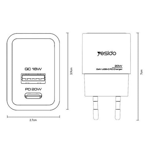YESIDO YC61 GaN Travel Charger USB-C / USB-A Dual Port PD 20W QC 18W Fast Charging Adapter