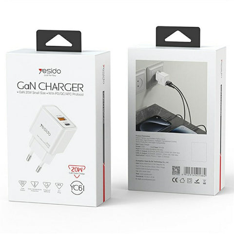 YESIDO YC61 GaN Travel Charger USB-C / USB-A Dual Port PD 20W QC 18W Fast Charging Adapter