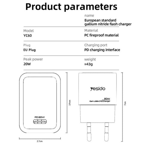 YESIDO YC60 USB-C GaN Travel Charger PD 20W Fast Charging Power Adapter for Phone / Tablet