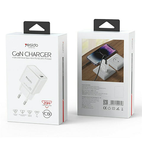 YESIDO YC60 USB-C GaN Travel Charger PD 20W Fast Charging Power Adapter for Phone / Tablet