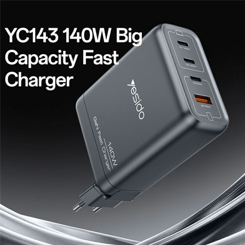 YESIDO YC143 140W USB-C Charger 4-Port USB-C + USB-A Fast Charging Wall Charger for Laptop / Phone / Tablet