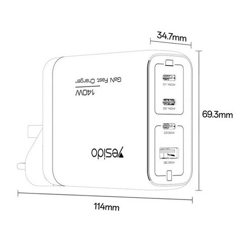 YESIDO YC143 140W USB-C Charger 4-Port USB-C + USB-A Fast Charging Wall Charger for Laptop / Phone / Tablet