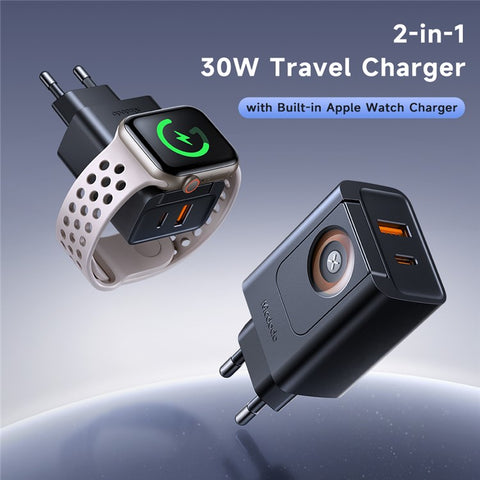MCDODO CH-3700 2 in 1 Wireless Smart Watch + Travel Charger 30W USB-A / USB-C Fast Charging Wall Charger