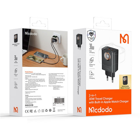 MCDODO CH-3700 2 in 1 Wireless Smart Watch + Travel Charger 30W USB-A / USB-C Fast Charging Wall Charger