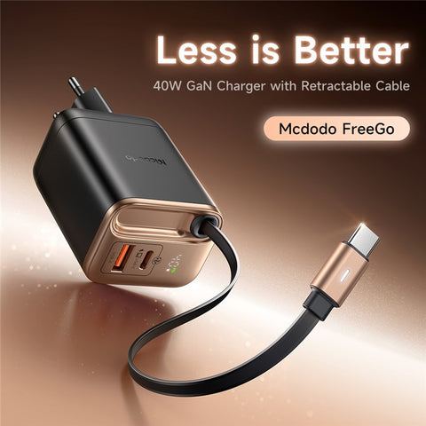 MCDODO CH-4281 40W GaN Charger with Retractable Cable Fast Charging USB-C / USB-A Charger Block - EU Plug
