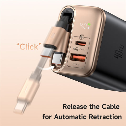 MCDODO CH-4281 40W GaN Charger with Retractable Cable Fast Charging USB-C / USB-A Charger Block - EU Plug