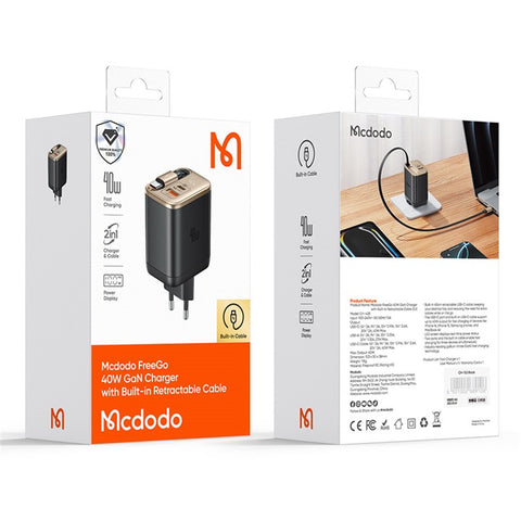 MCDODO CH-4281 40W GaN Charger with Retractable Cable Fast Charging USB-C / USB-A Charger Block - EU Plug