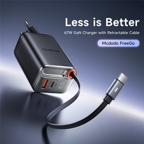 MCDODO CH-4100 GaN Fast Charger 67W USB-C / USB-A Power Adapter with Retractable Cable for Multiple Devices