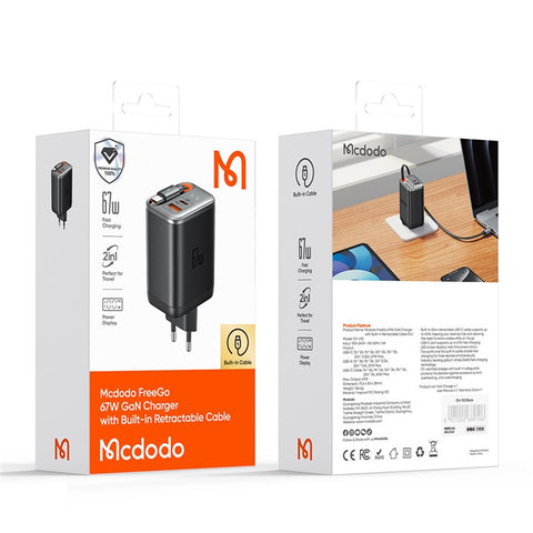 MCDODO CH-4100 GaN Fast Charger 67W USB-C / USB-A Power Adapter with Retractable Cable for Multiple Devices