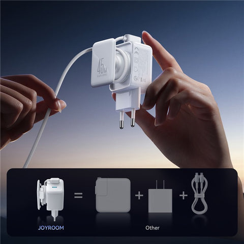 JOYROOM JR-TCL05 45W GaN Charger Fast Charging Dual Type-C Ports With Retractable Cable