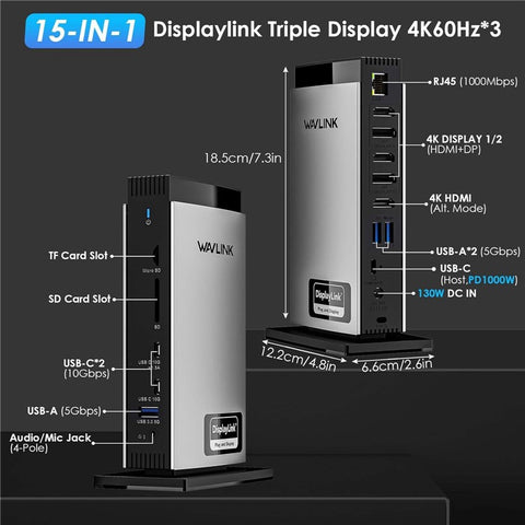 WAVLINK WL-UG69PD13Pro For MacBook M1 M2 M3 / Windows 15 in 1 Laptop Docking Station 3 HD USB C Displaylink Hub