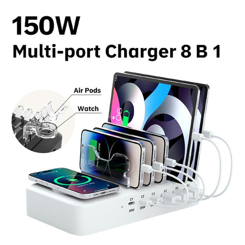 150W USB A + Type C 8 Ports Charger Hub GaN Fast Charging Station with 15W Wireless Charging