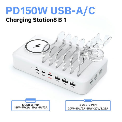 150W USB A + Type C 8 Ports Charger Hub GaN Fast Charging Station with 15W Wireless Charging