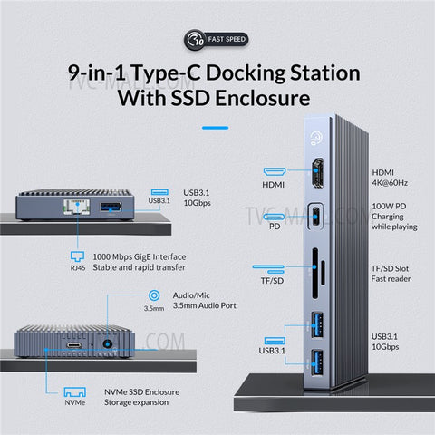 ORICO CDH-9N Multi-Port Docking Station Mini USB Hub with 10Gbps USB3.1/HD/Gigabit LAN/3.5mm Audio Jack for Laptop