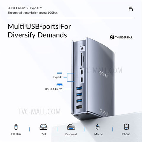 ORICO TB3-S3-GY-BP USB C Hub Adapter to 3.5mm AUX Port Memory Card Reader Slots 10Gbps Type C Port 15W 60W PD Port USB 3.1 USB 2.0 DC Charge RJ45 4K Video Output