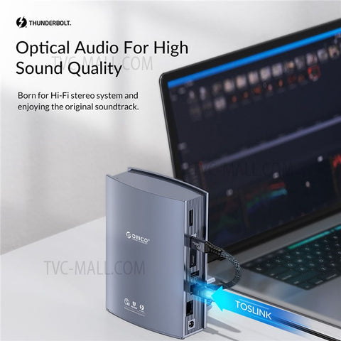 ORICO TB3-S3-GY-BP USB C Hub Adapter to 3.5mm AUX Port Memory Card Reader Slots 10Gbps Type C Port 15W 60W PD Port USB 3.1 USB 2.0 DC Charge RJ45 4K Video Output