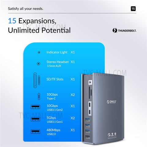 ORICO TB3-S3-GY-BP USB C Hub Adapter to 3.5mm AUX Port Memory Card Reader Slots 10Gbps Type C Port 15W 60W PD Port USB 3.1 USB 2.0 DC Charge RJ45 4K Video Output