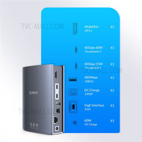 ORICO TB3-S3-GY-BP USB C Hub Adapter to 3.5mm AUX Port Memory Card Reader Slots 10Gbps Type C Port 15W 60W PD Port USB 3.1 USB 2.0 DC Charge RJ45 4K Video Output