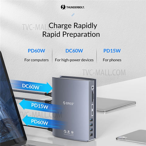 ORICO TB3-S3-GY-BP USB C Hub Adapter to 3.5mm AUX Port Memory Card Reader Slots 10Gbps Type C Port 15W 60W PD Port USB 3.1 USB 2.0 DC Charge RJ45 4K Video Output