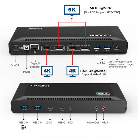WAVLINK UG69PD2 Multi-Function Dual 4K Docking Station 65W Fast Charging Multi-Port Docking Station for Laptops