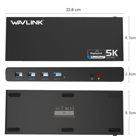 WAVLINK UG69DK1 15 in 1 5K Dual 4K HD Multiple-Display Dock USB-C Docking Station with HD / DisplayPort / Gigabit Ethernet / USB 3.0 / Type C / Audio