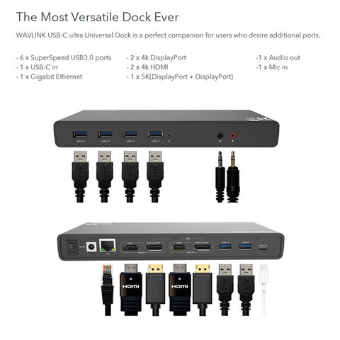 WAVLINK UG69DK1 15 in 1 5K Dual 4K HD Multiple-Display Dock USB-C Docking Station with HD / DisplayPort / Gigabit Ethernet / USB 3.0 / Type C / Audio